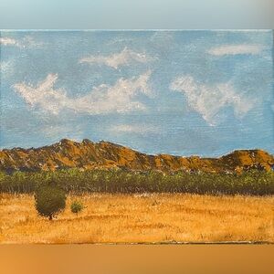 Tranquil Landscape Canvas with Blue Sky and Brown Hills Painting